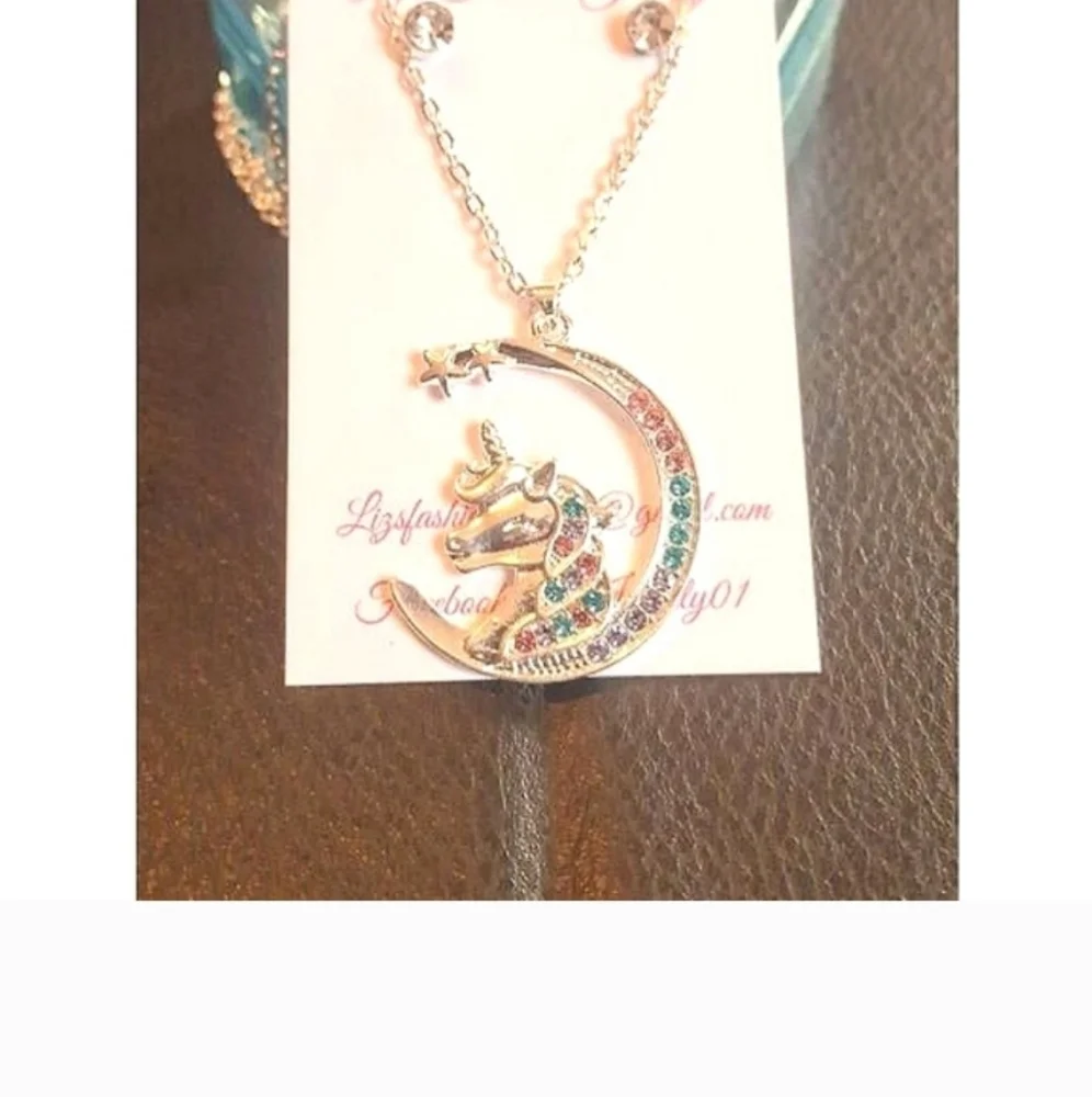 Unicorn Children Kids Necklace Earrings Set Gold Pl over Stainless NEW
